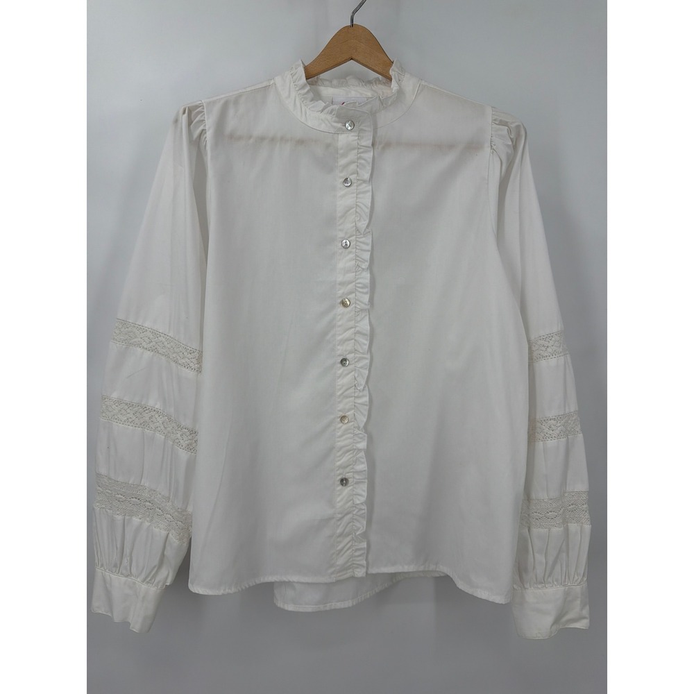 Hester & Orchard Lg White Ruffle Lace‎ Sleeve Button Down Peasant Blouse Cottage